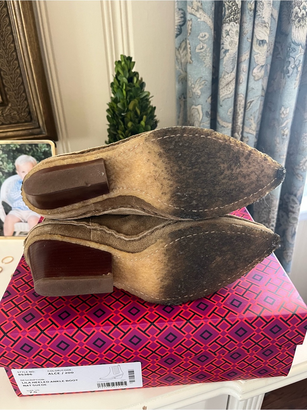 Tory Burch Taupe Suede Pointed Chelsea Booties - Picture 6 of 7